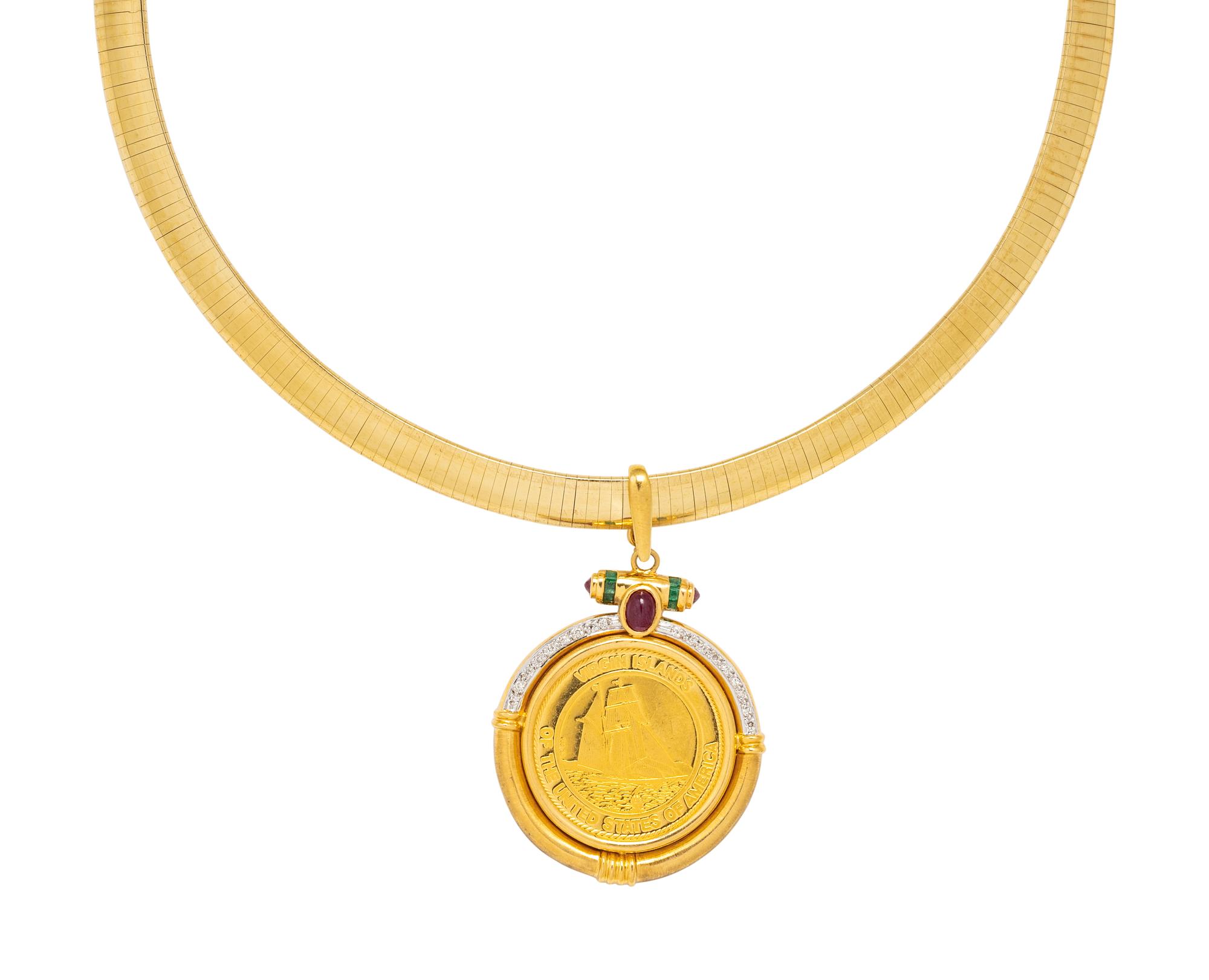 YELLOW GOLD OMEGA NECKCHAIN WITH COIN PENDANT