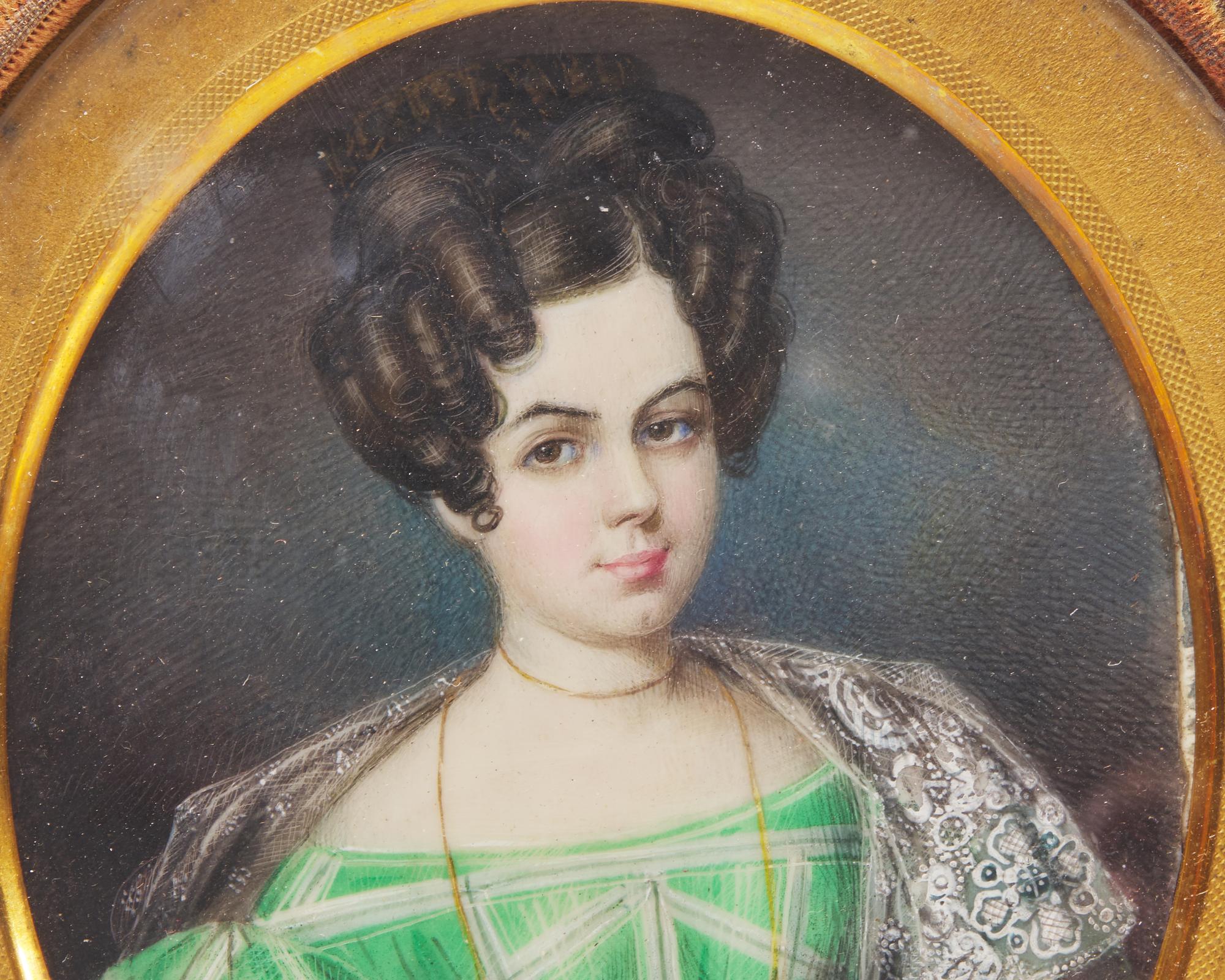 Spanish School 19th Century, A Portrait Miniature of A Young Lady in Green Checked Dress