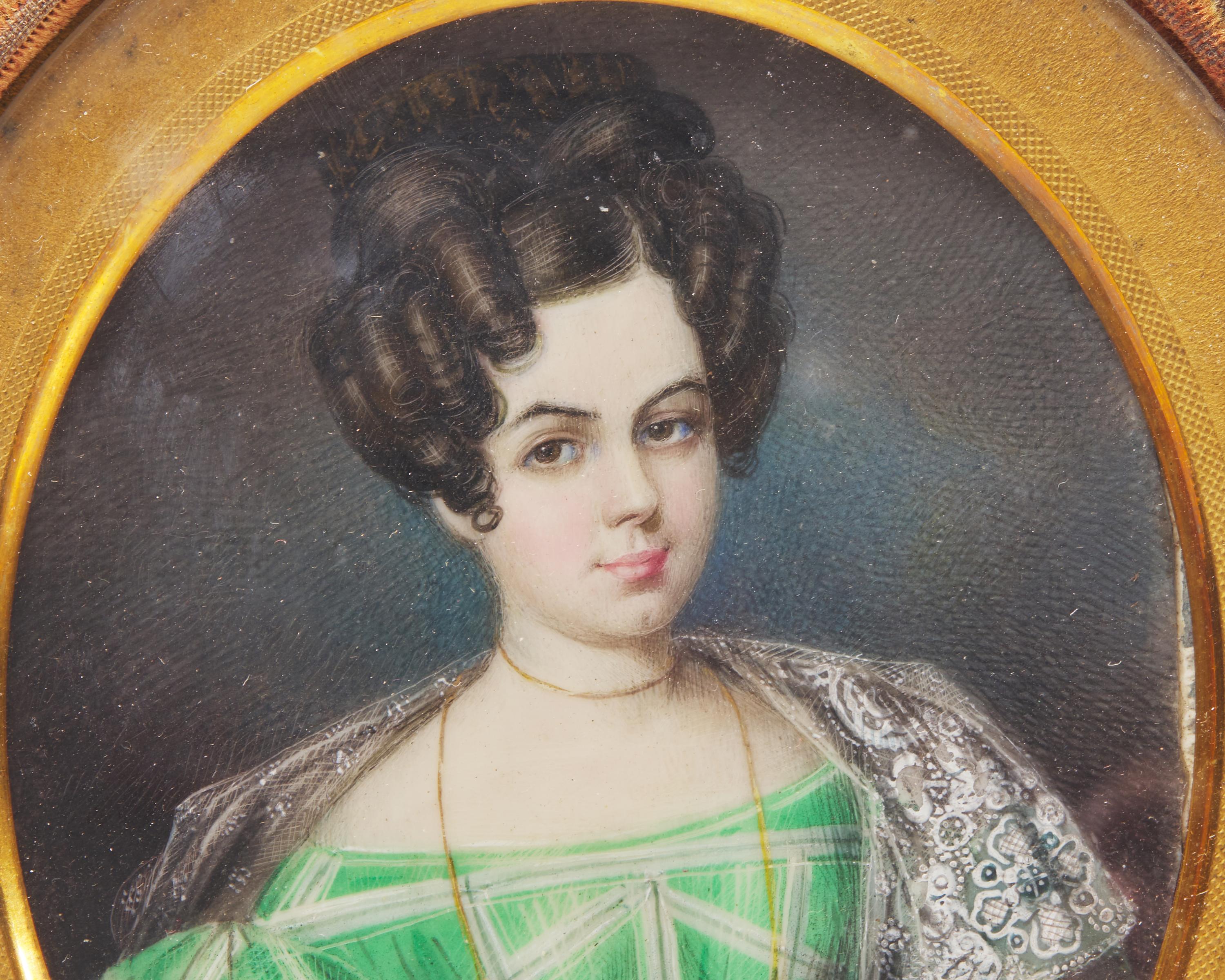 Spanish School 19th Century, A Portrait Miniature of A Young Lady in Green Checked Dress
