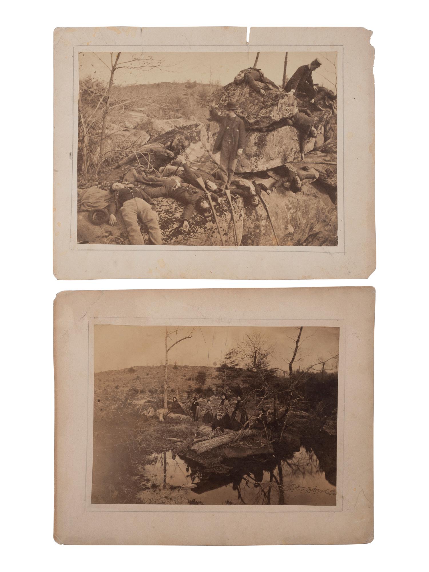 [CIVIL WAR]. A group of 3 albumen photographs, highlighted by views of possible casualties near Devil's Den, Gettysburg.