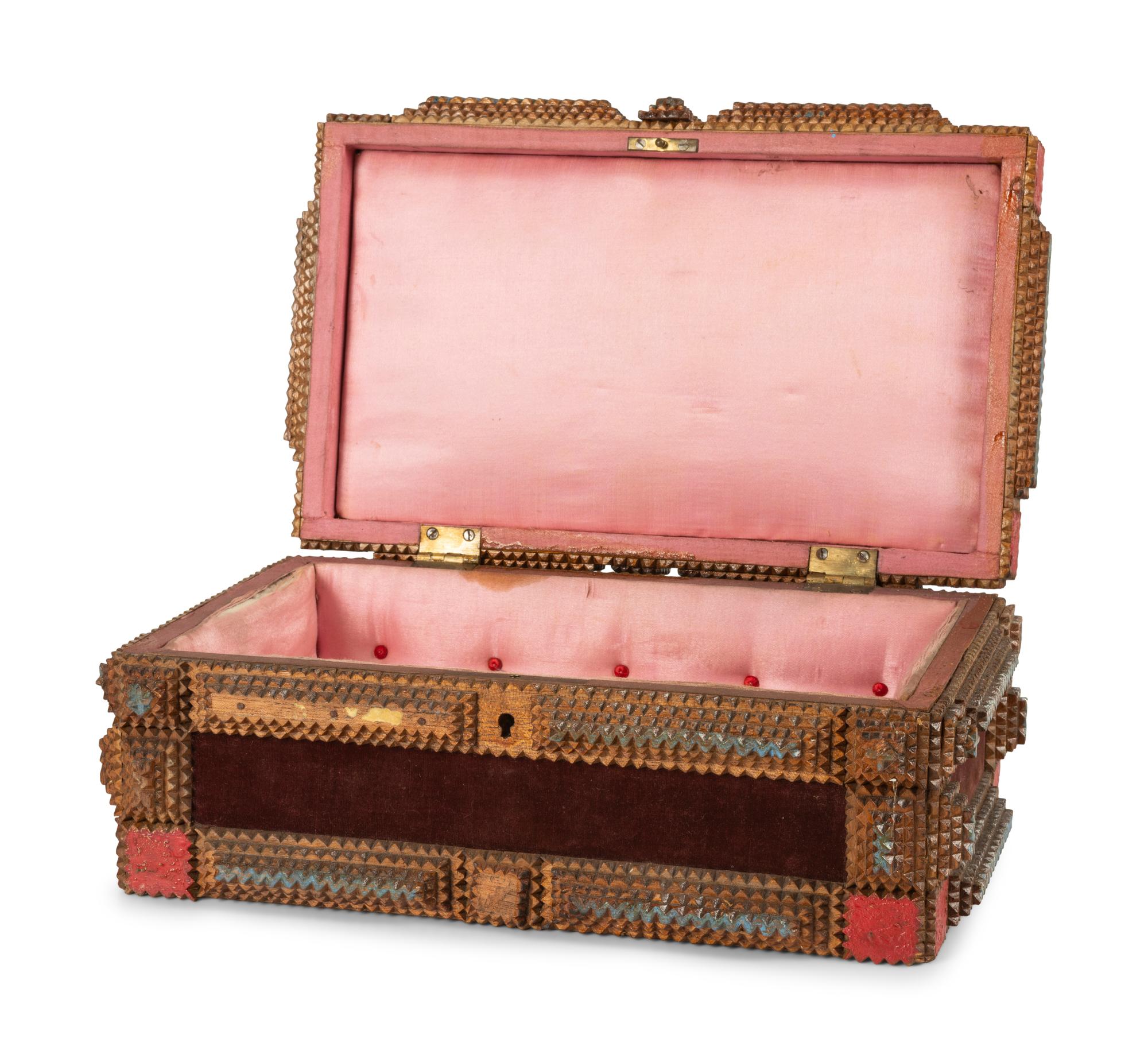A Painted Wood and Velvet Tramp Art Box