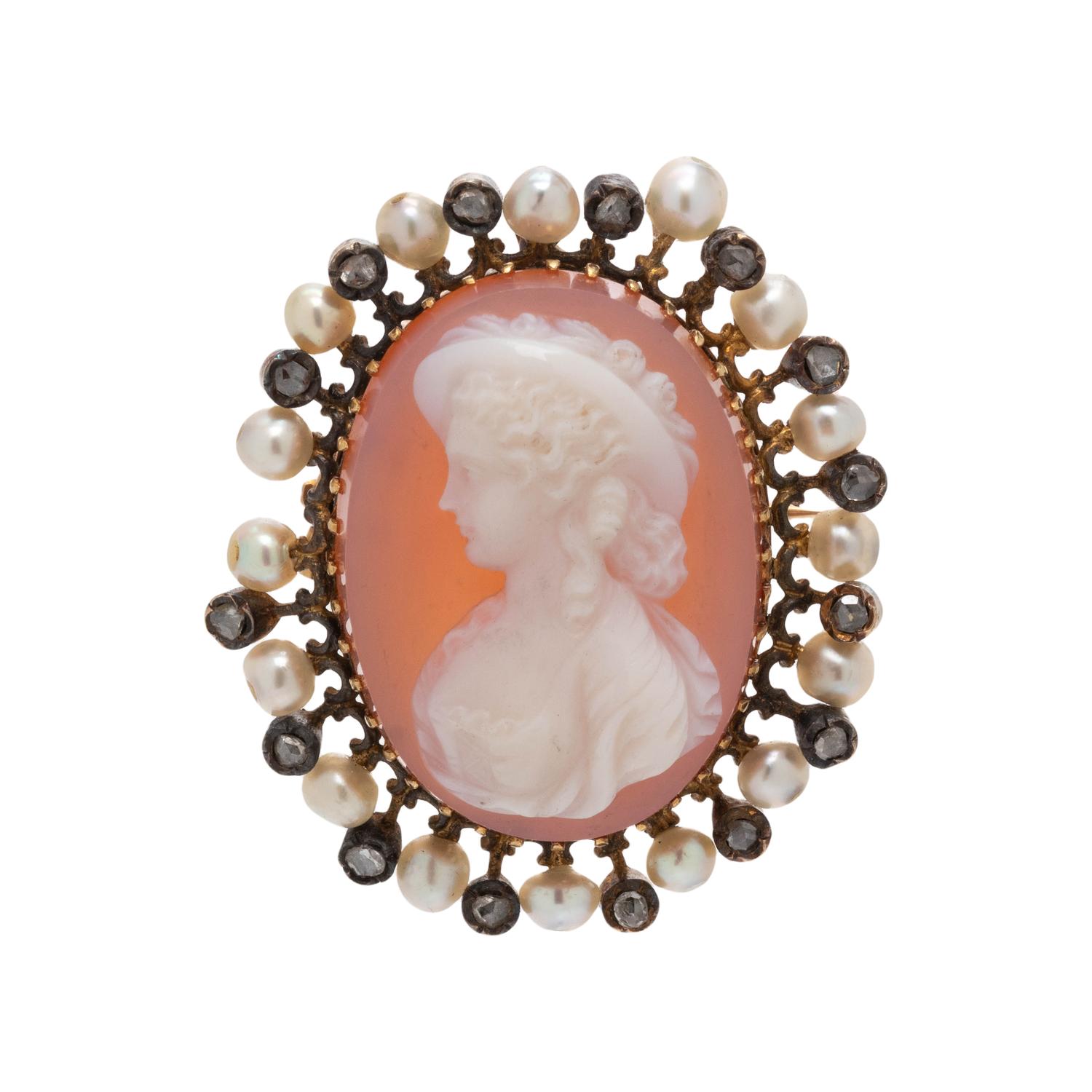 FRENCH, VICTORIAN, HARDSTONE CAMEO, DIAMOND AND PEARL PENDANT/BROOCH