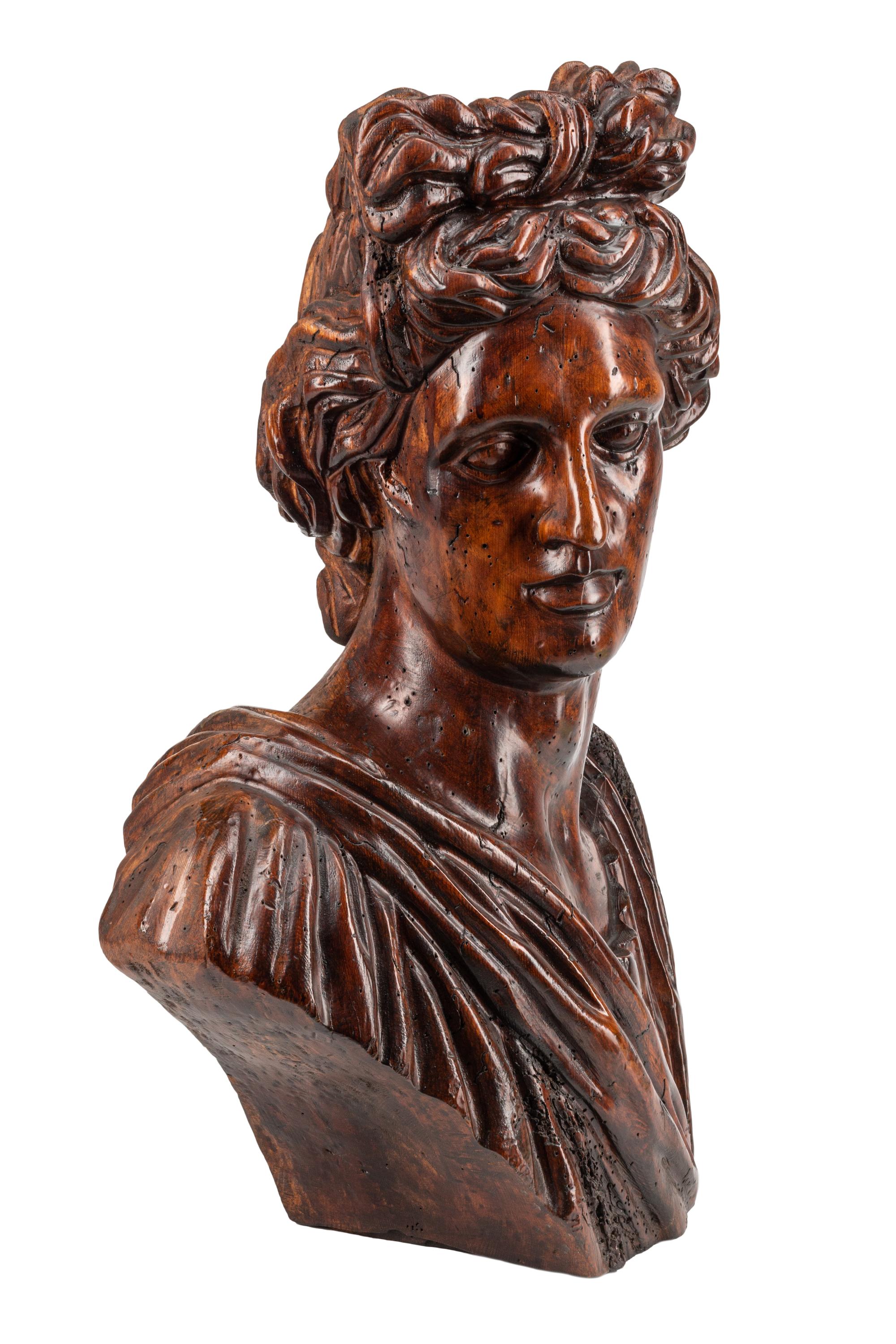 An Italian Carved Wood Bust of a Roman