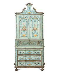 A Venetian Rococo Style Polychrome Decorated and Parcel Gilt Bureau Cabinet