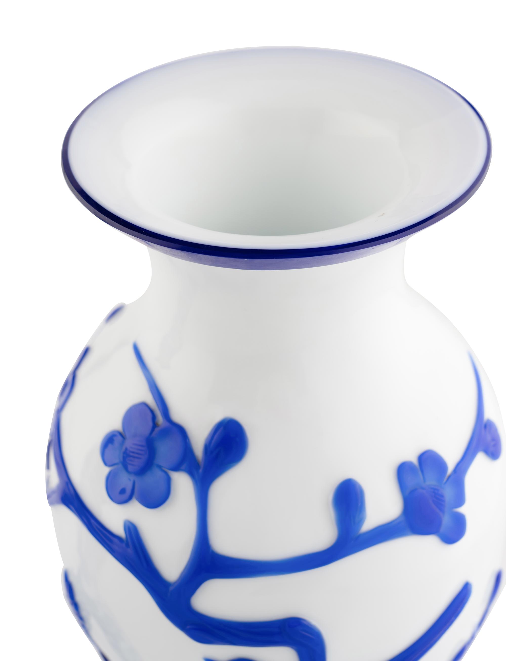 Two Pairs of Chinese Blue Overlay Opaque White Peking Glass Vases