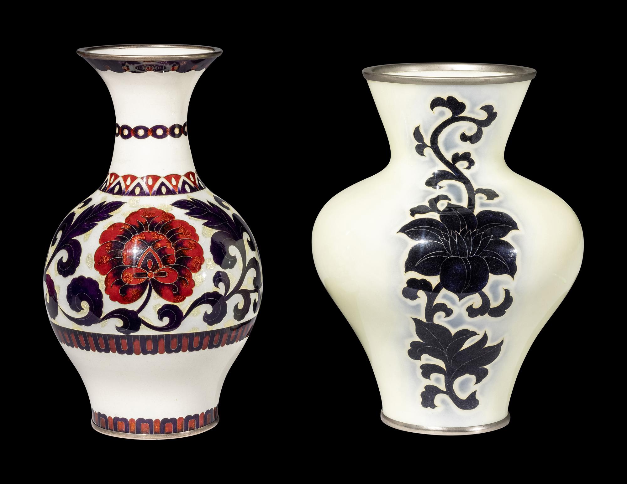 Two Japanese Pale Yellow Ground Cloisonné Enamel Vases
