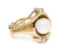 A 14 Karat Yellow Gold, Cultured Pearl and Diamond Ring, 7.40 dwts.