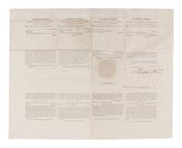 PIERCE, Franklin (1804-1869). Four-language ship's paper signed ("Franklin Pierce"). N.p., n.d. 1 page, 560 x 442 mm, with intact seal, matted with contemporary engraving of Pierce by Alonzo Chappel, old creases, minor soiling, neatly joined at crease to verso.