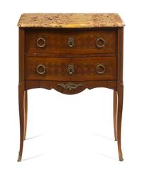 A Louis XV Style Parquetry Commode, Height 30 x width 23 1/2 x depth 13 7/8 inches.