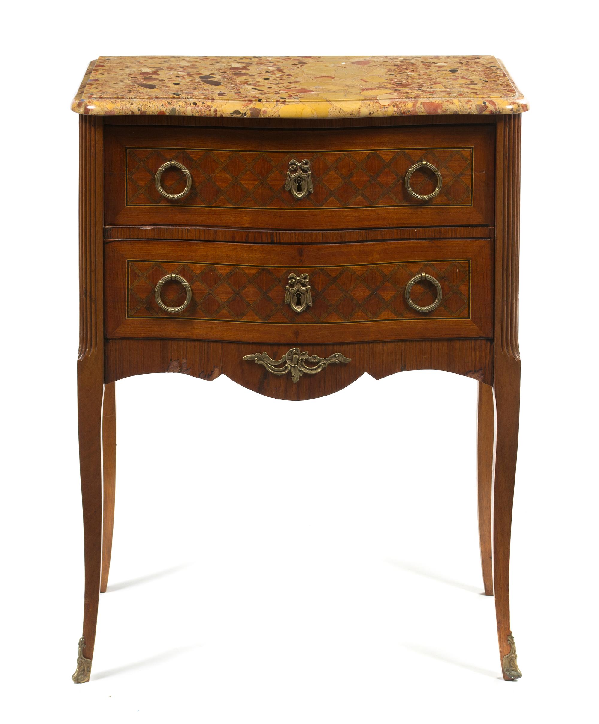 A Louis XV Style Parquetry Commode, Height 30 x width 23 1/2 x depth 13 7/8 inches.