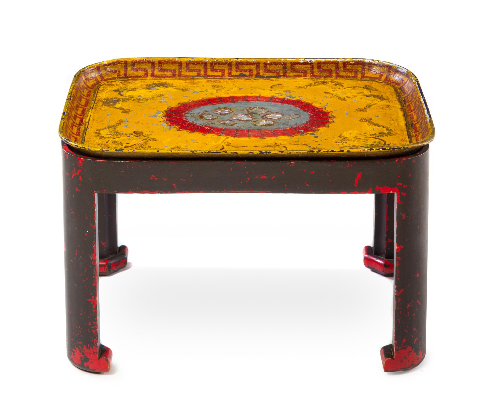 A Regency Tole Tray on a Later Stand Height 16 x width 25 1/2 x depth 19 3/8 inches. — THE TRAY EARLY 19TH CENTURY