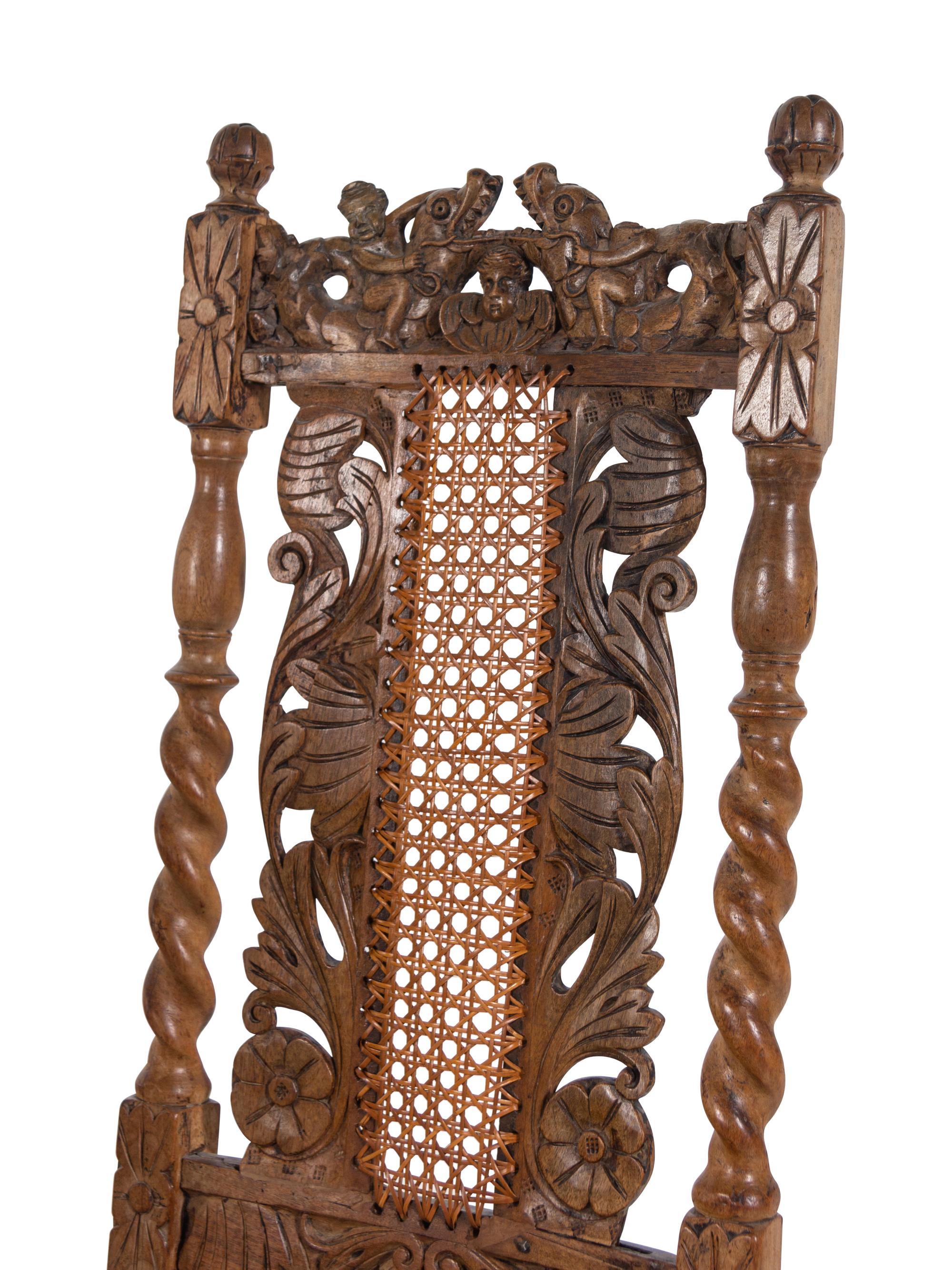 An Assembled Set of Eight English Baroque Walnut Cane-Upholstered Dining Chairs
