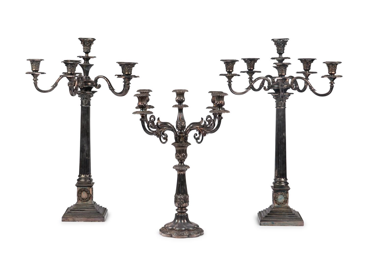 A Group of Three English Silver-Plate Candelabra