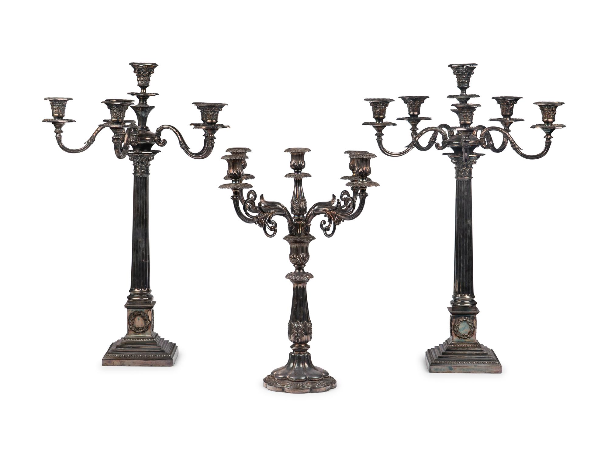 A Group of Three English Silver-Plate Candelabra