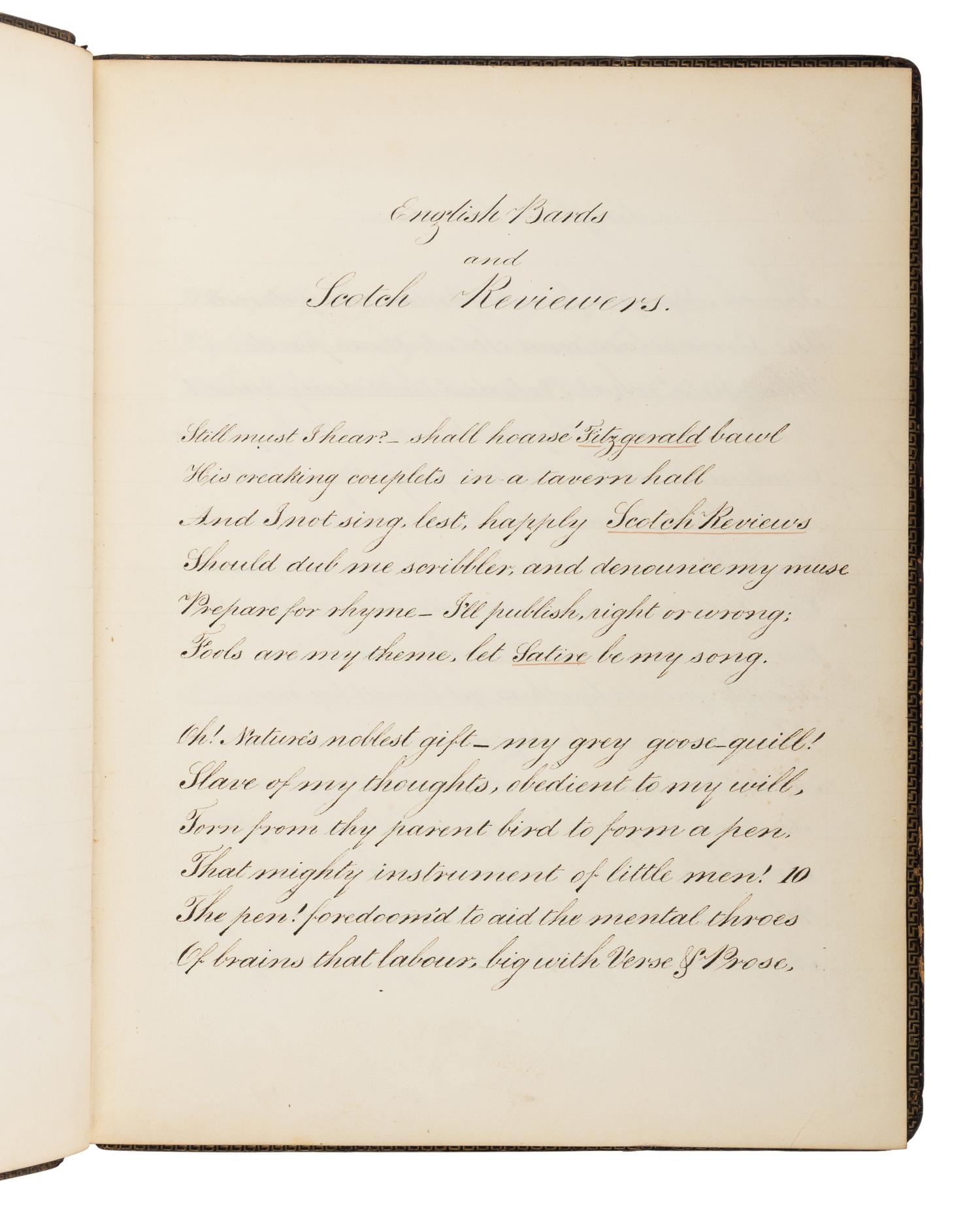 BYRON, George Gordon Noel, Lord (1788-1824). Calligraphic Manuscript. [ English Bards and Scotch Reviewers .] London, [after 1810].