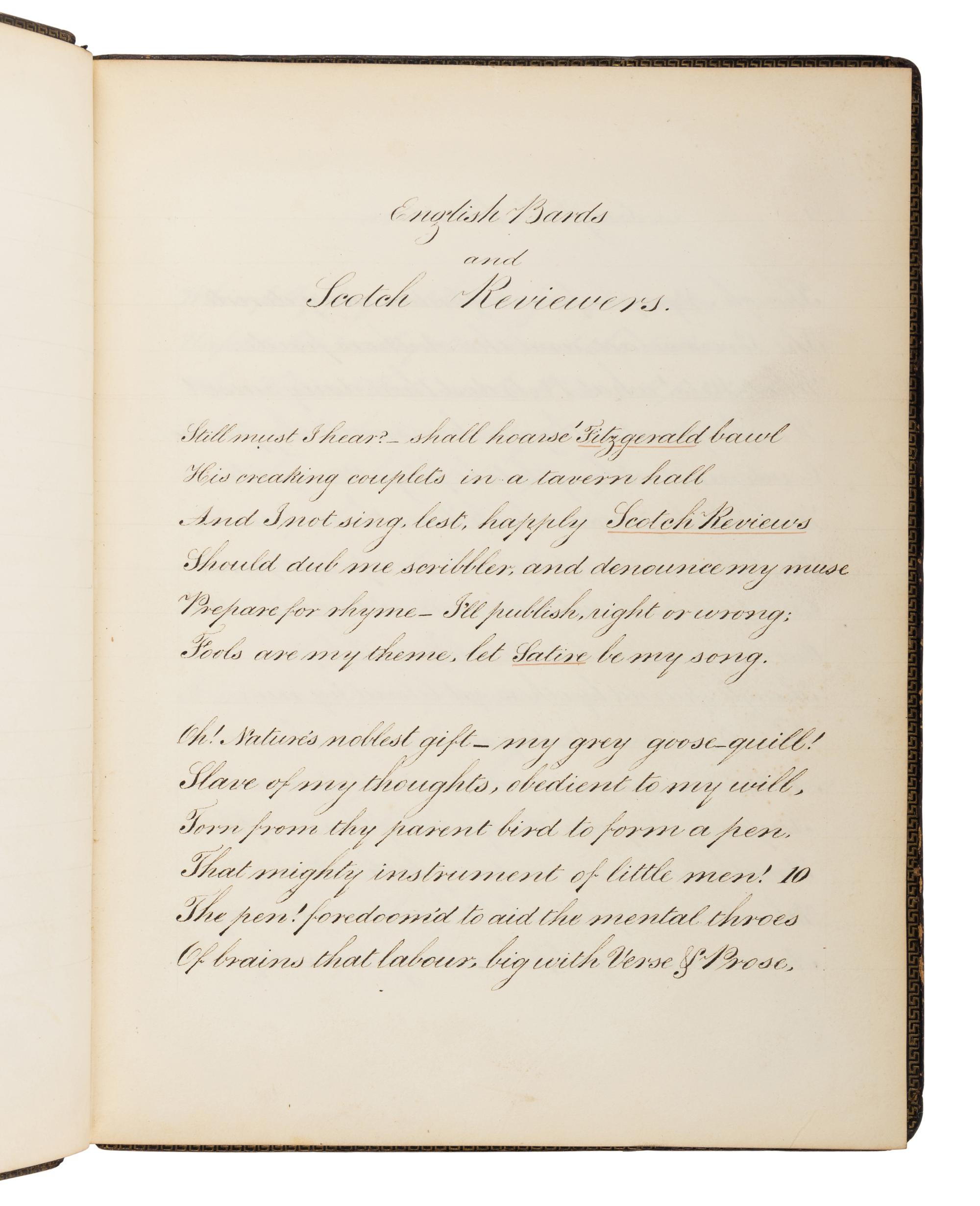 BYRON, George Gordon Noel, Lord (1788-1824). Calligraphic Manuscript. [ English Bards and Scotch Reviewers .] London, [after 1810].