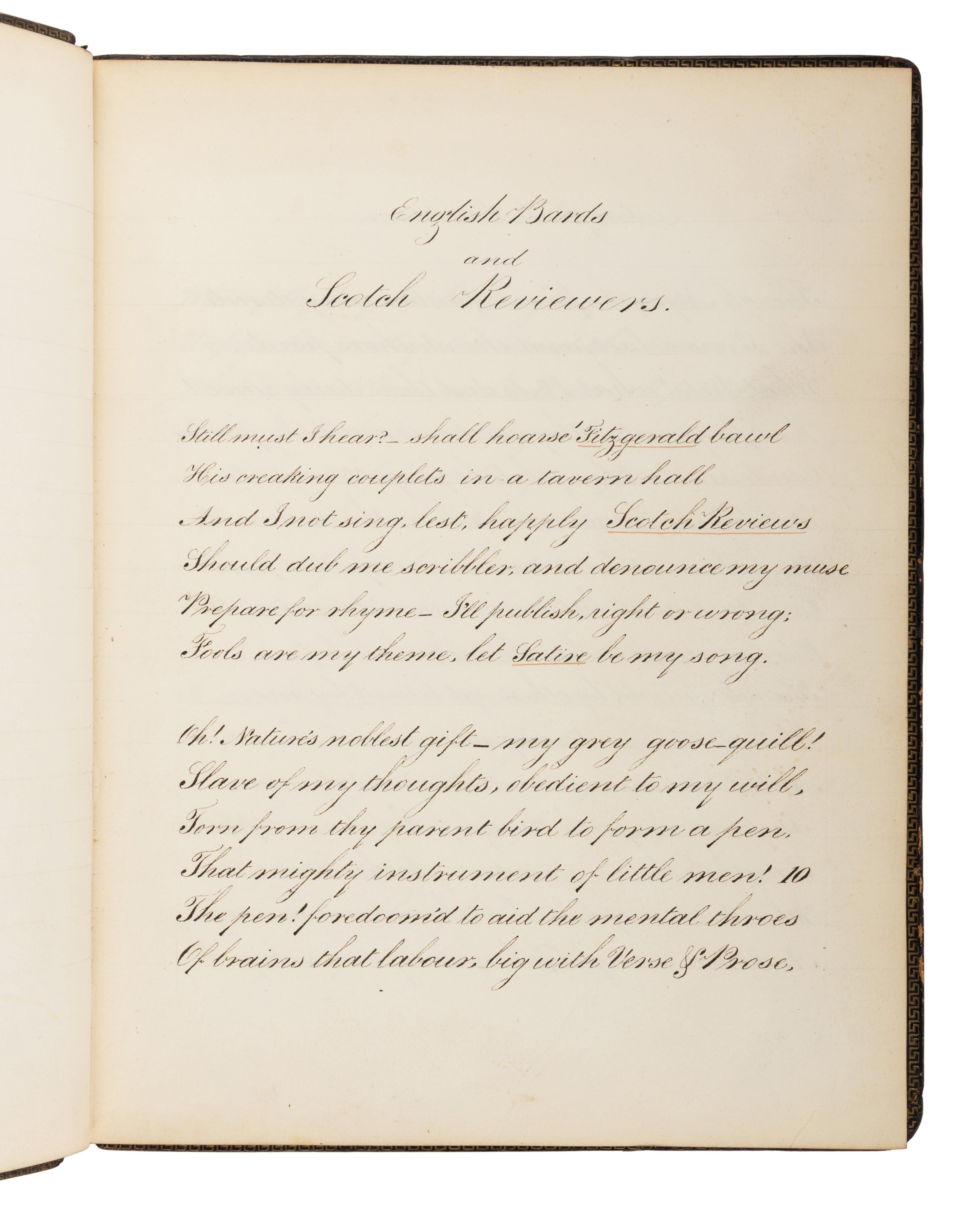 BYRON, George Gordon Noel, Lord (1788-1824). Calligraphic Manuscript. [ English Bards and Scotch Reviewers .] London, [after 1810].