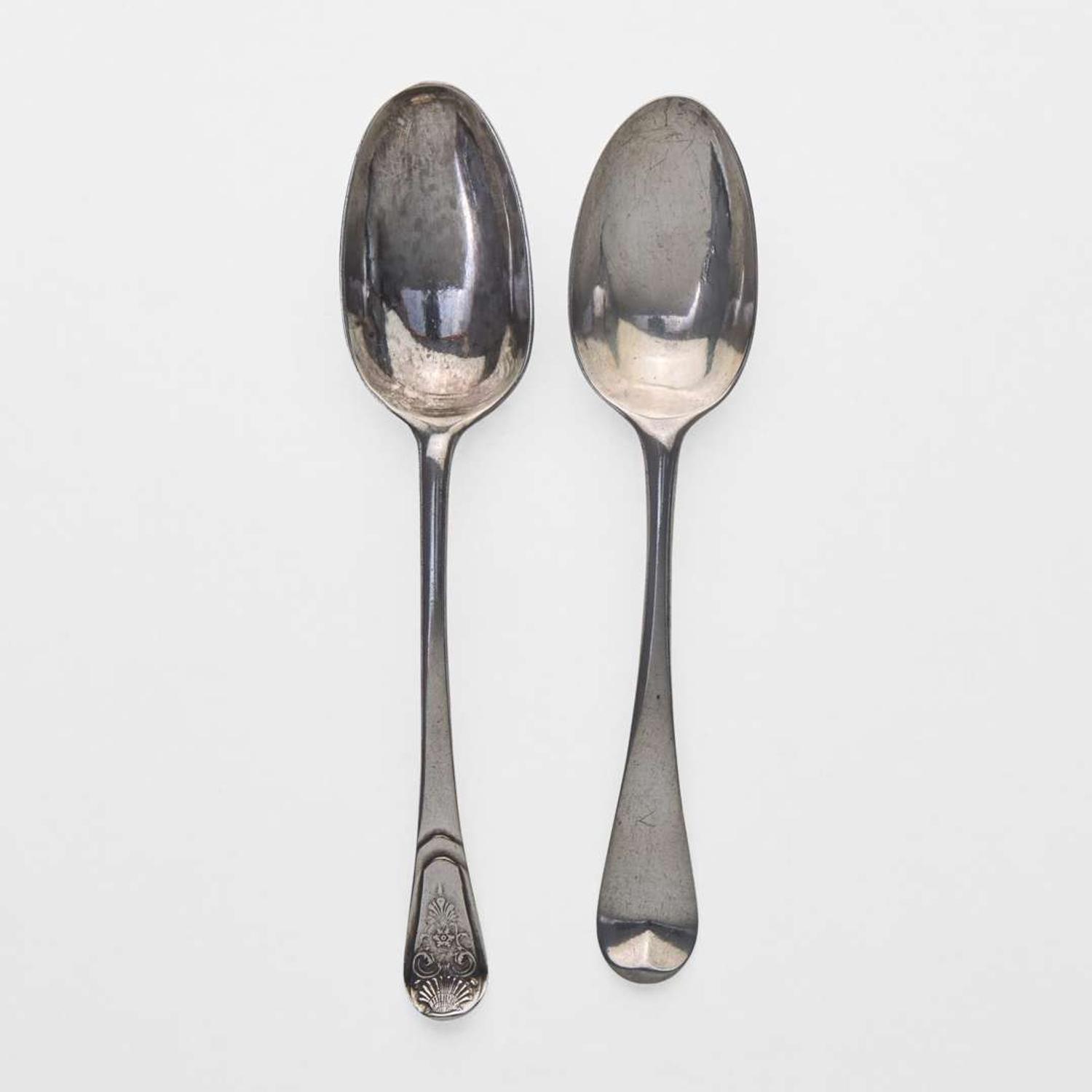 Two silver tablespoons Peter Vergereau (1700-1755) and Nicholas Van Rensselaer (active c. 1760-1770), New York, circa 1740 and 1765