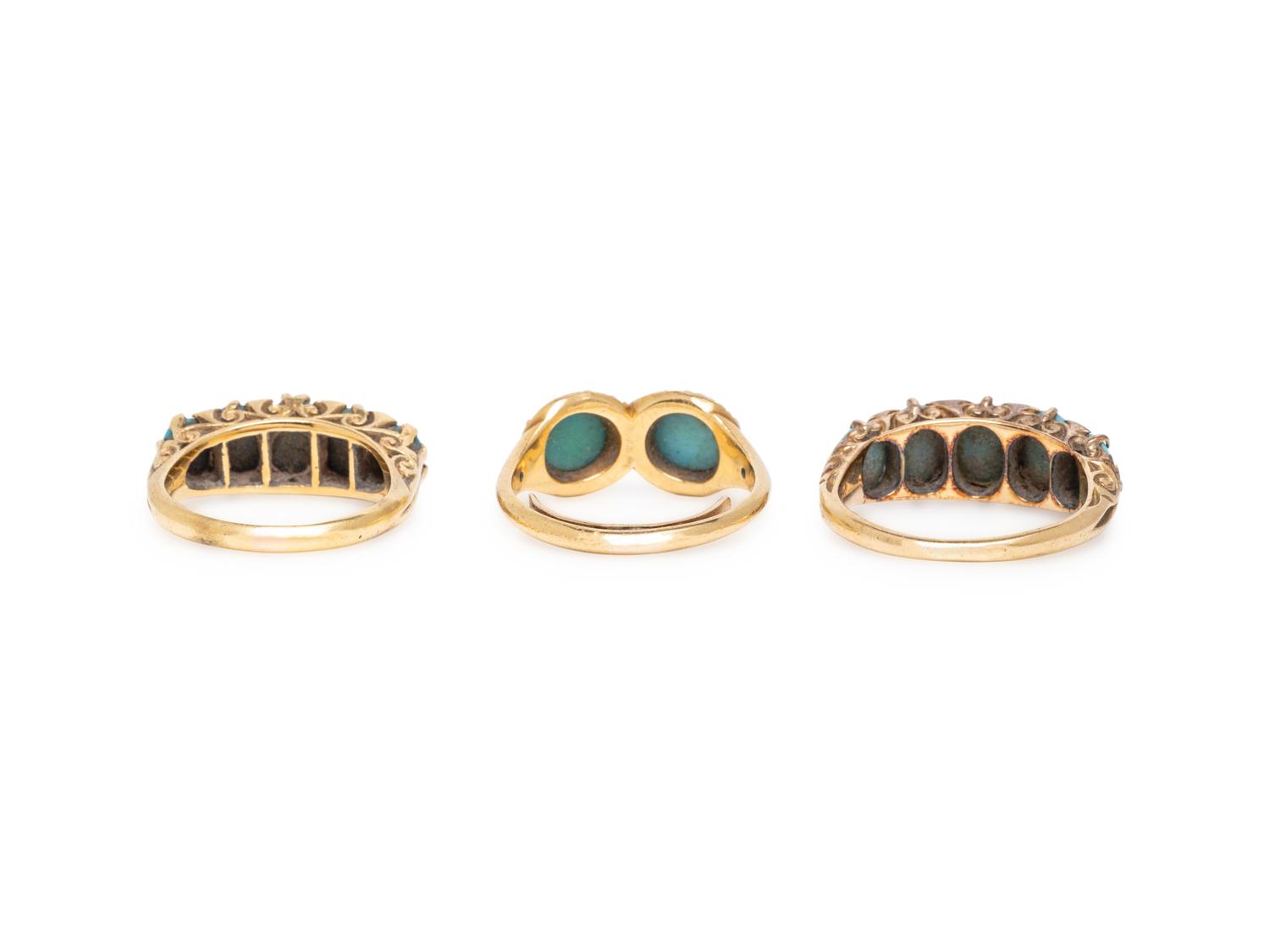 THREE TURQUOISE, DIAMOND, AND YELLOW GOLD RINGS