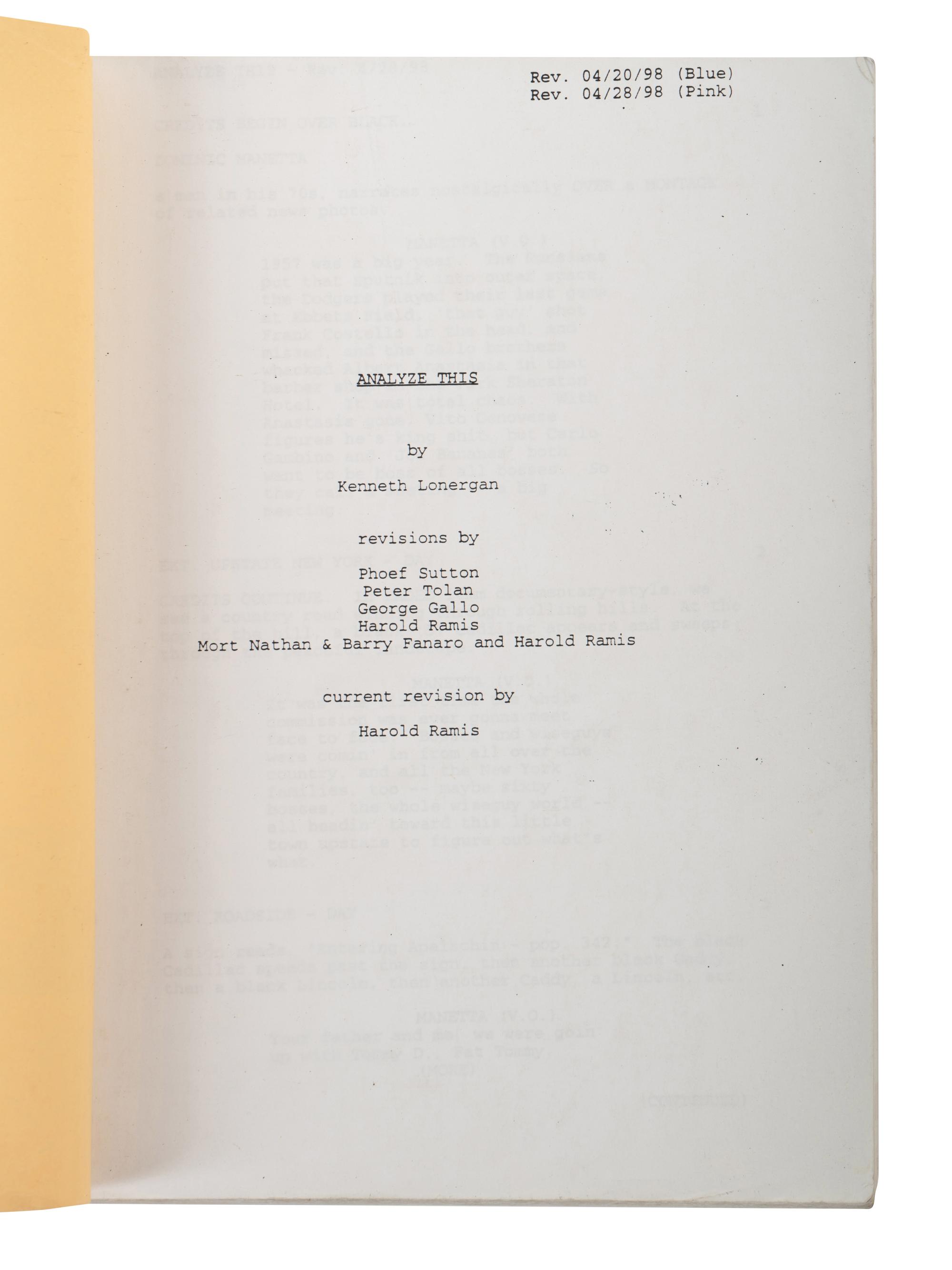 (Film Screenplay) LONERGAN, Kenneth and Peter Tolan. Analyze This. Village RadioShow Productions, TriBeCa Productions, 1999.