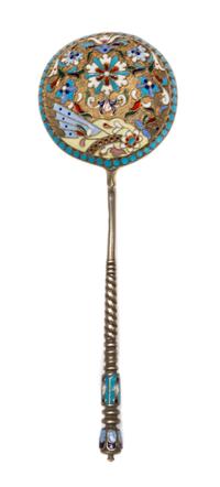 A Russian Enameled Silver Spoon, Maker's mark obscured, Moscow, the back of the circular bowl worked with flower heads against a textur