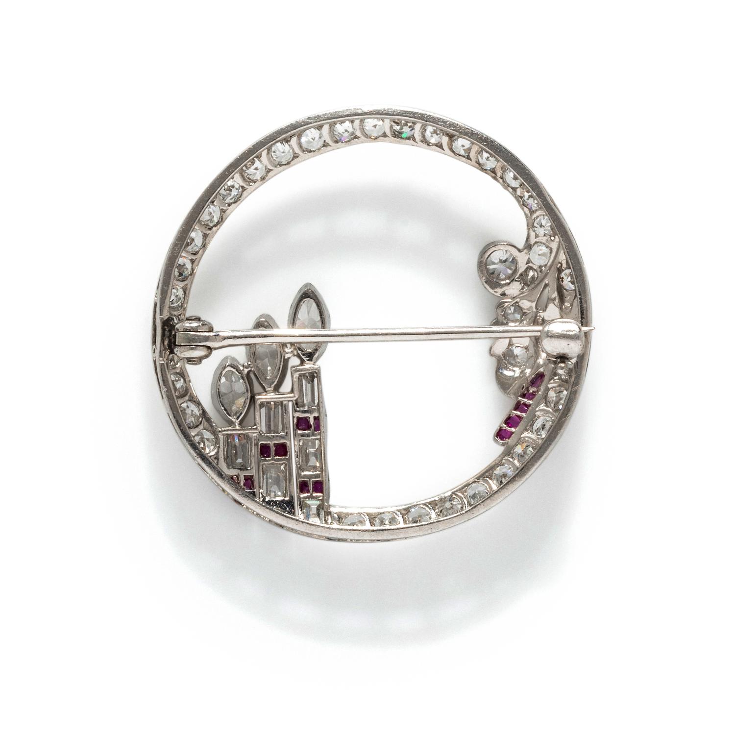 ART DECO, PLATINUM, DIAMOND, AND RUBY BROOCH