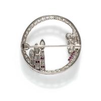 ART DECO, PLATINUM, DIAMOND, AND RUBY BROOCH