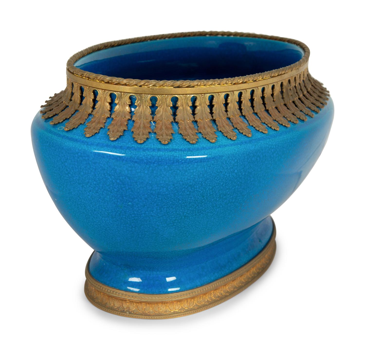 A Boch Frères Metal Mounted Porcelain Centerpiece Bowl