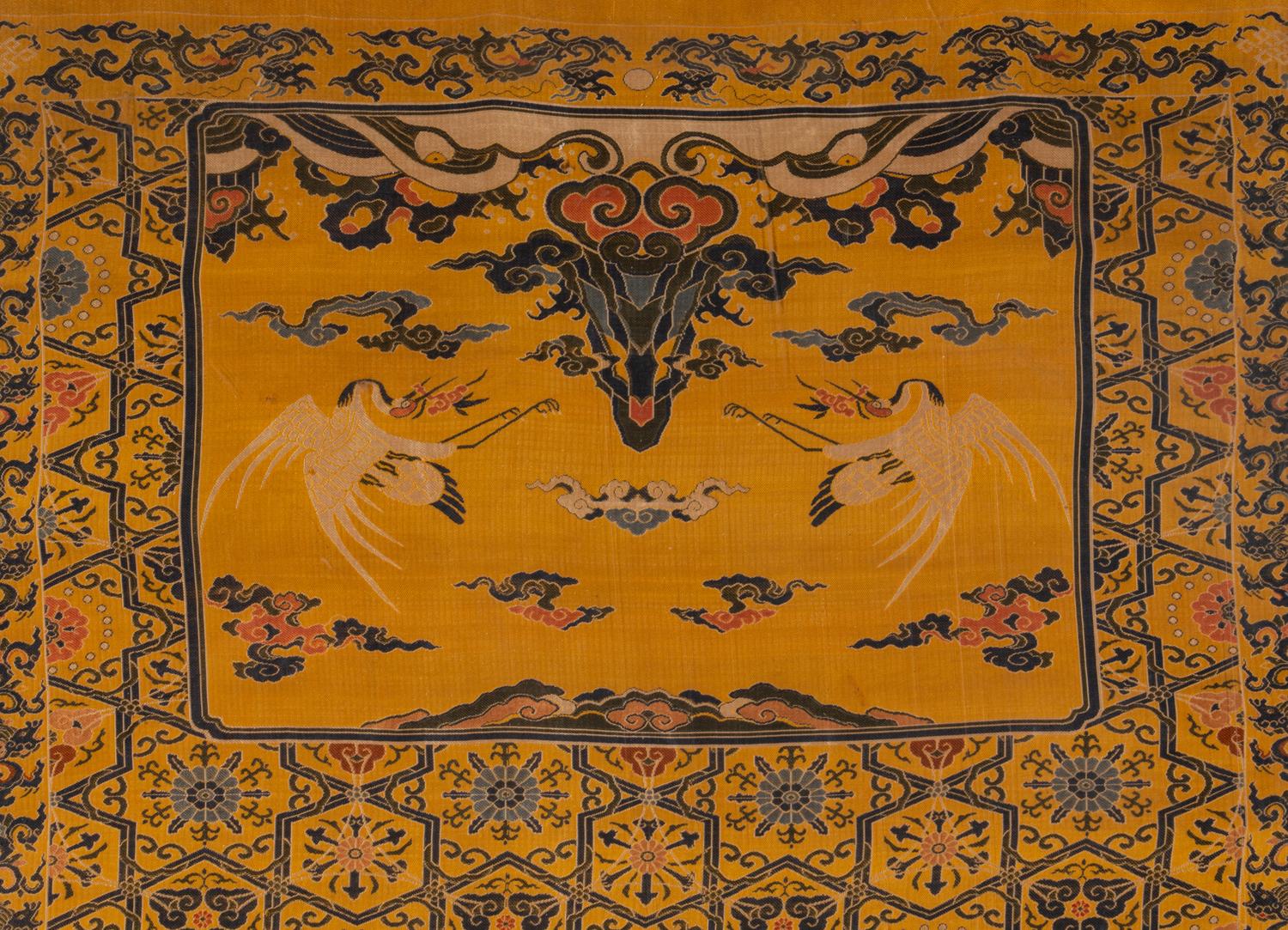 A Pair of Chinese Yellow Ground Brocade Woven 'Dragon' Silk Chair Covers