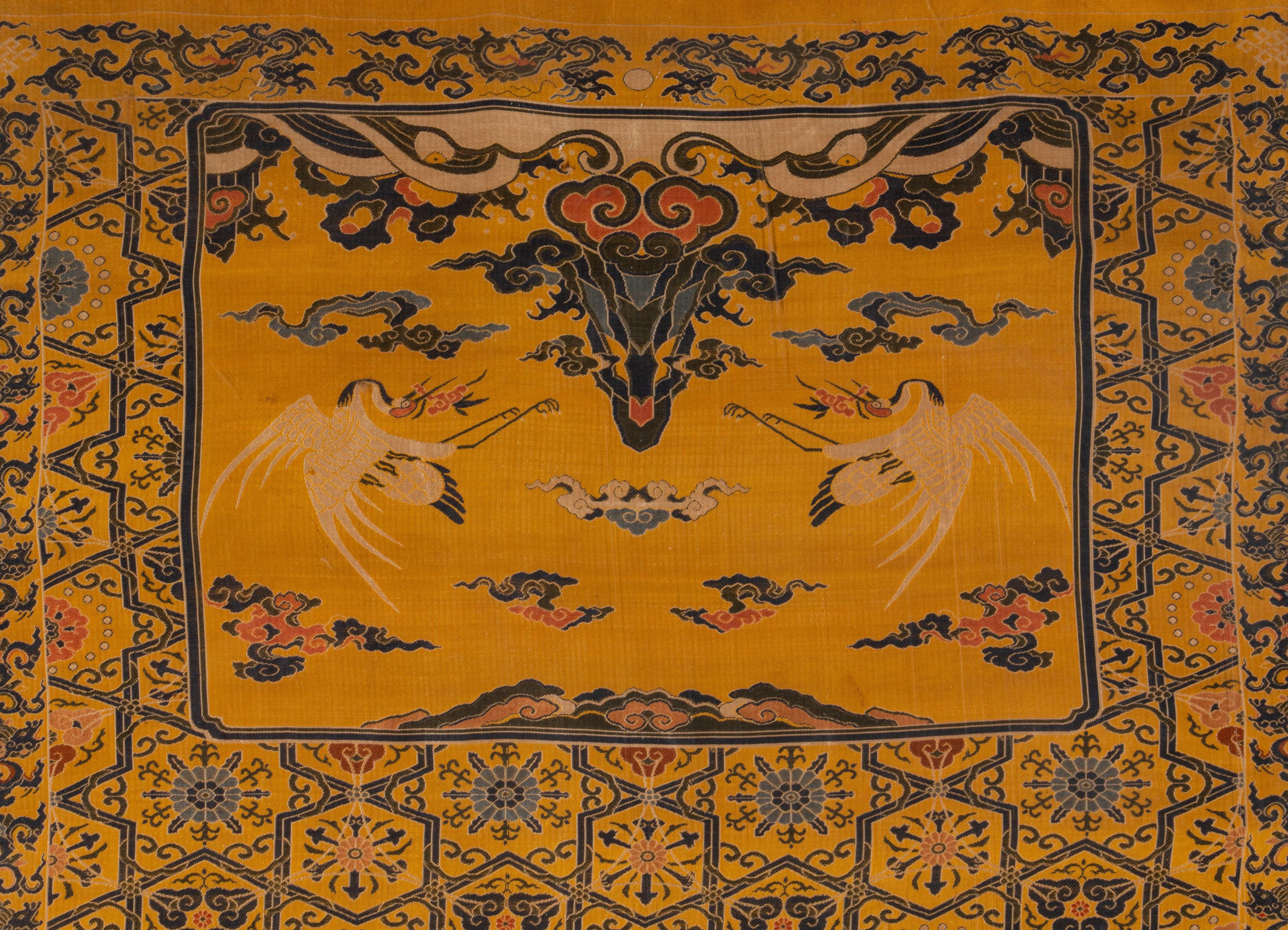 A Pair of Chinese Yellow Ground Brocade Woven 'Dragon' Silk Chair Covers