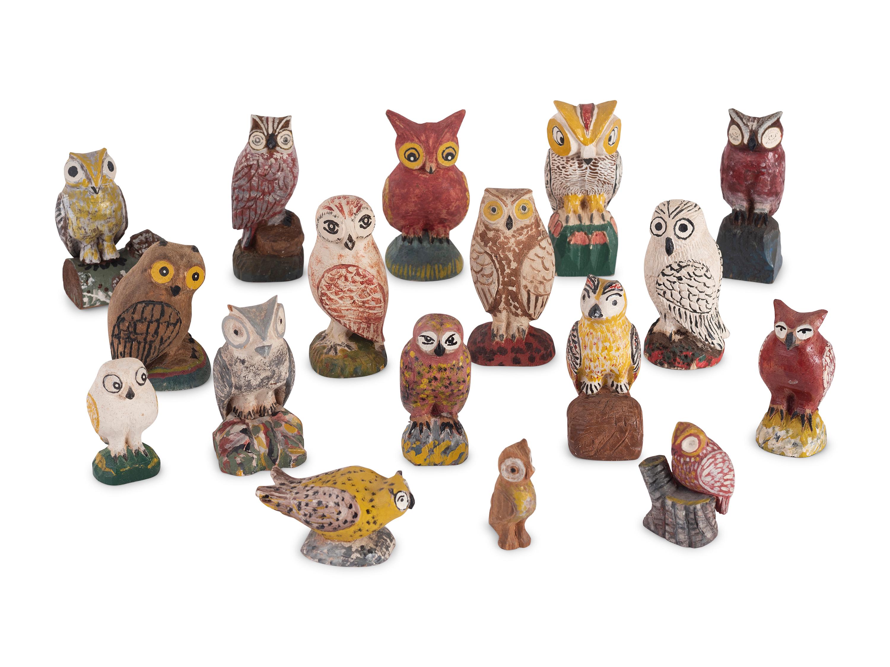 A Group of Painted Folk Art Owl Carvings