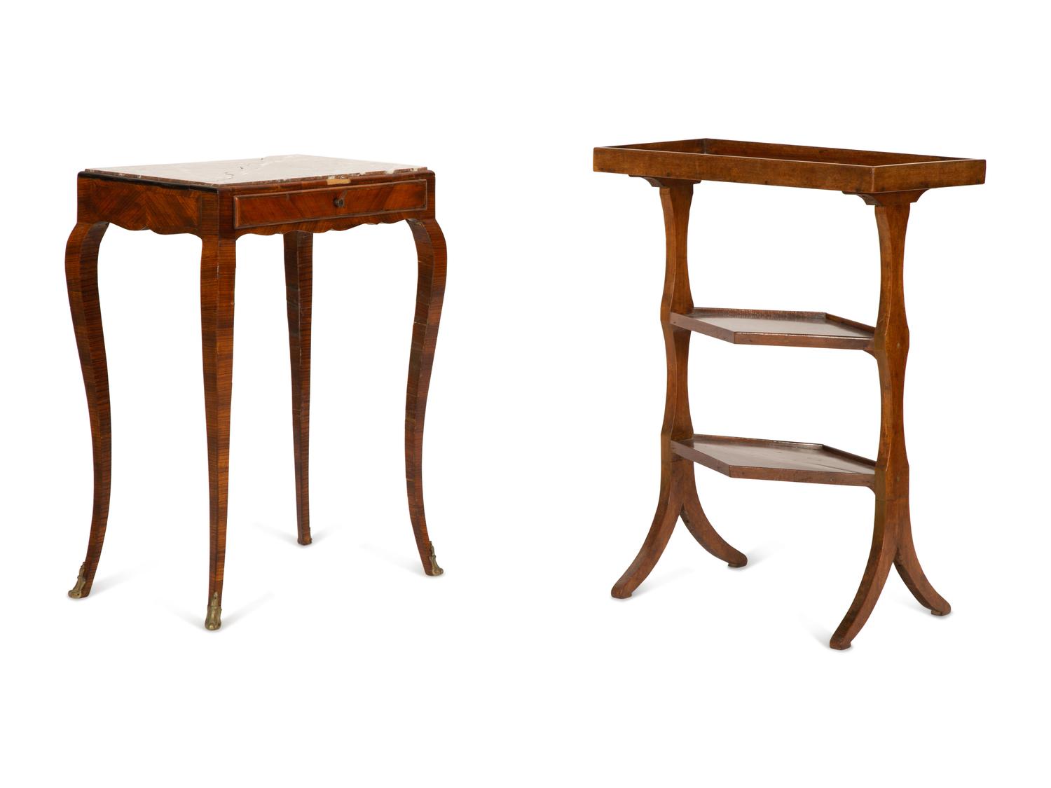 A Three Tier Walnut Serving Stand and a Louis XV Style Marble Top Parquetry Side Table