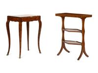 A Three Tier Walnut Serving Stand and a Louis XV Style Marble Top Parquetry Side Table
