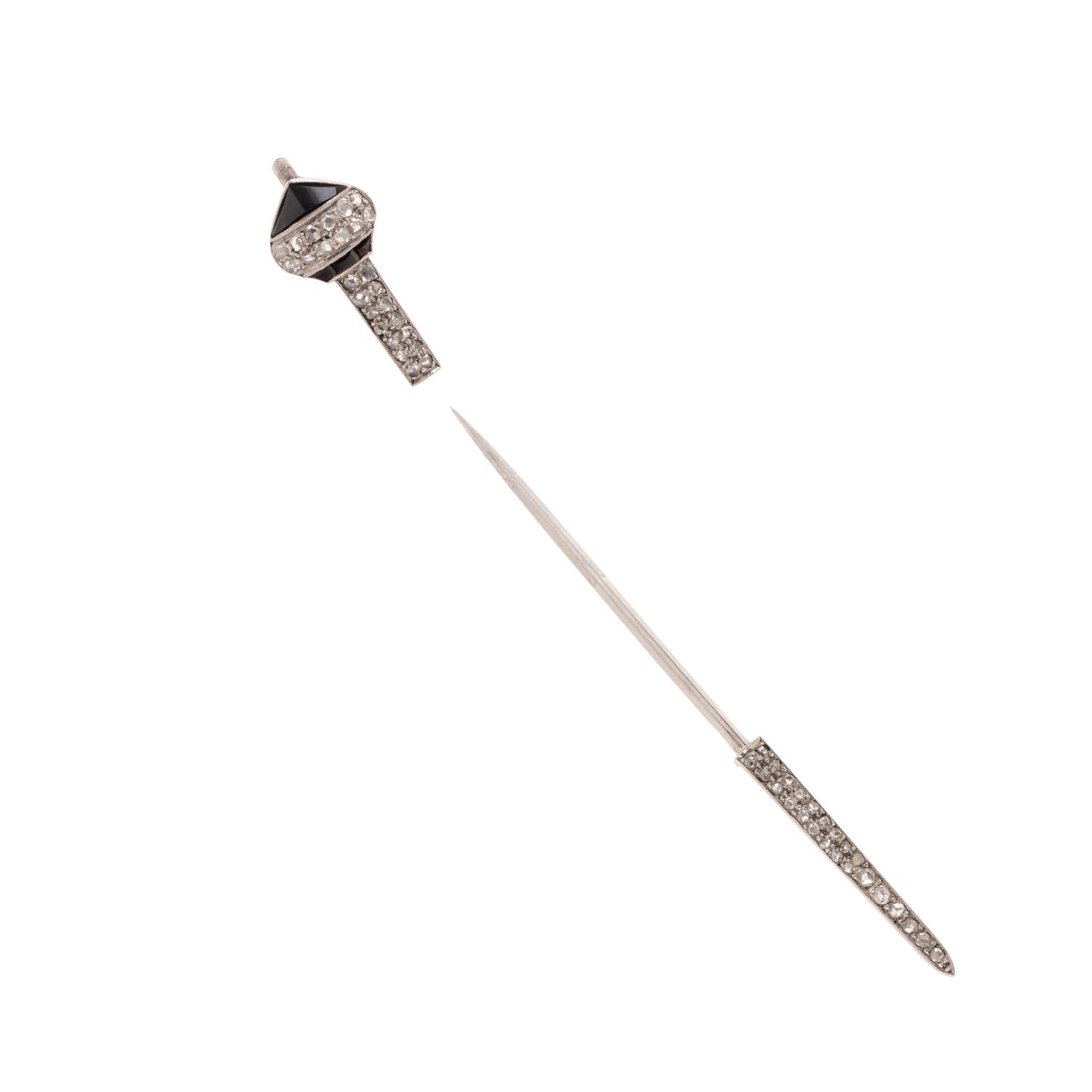 JANESICH, FRENCH, ART DECO, DIAMOND AND ONYX JABOT PIN