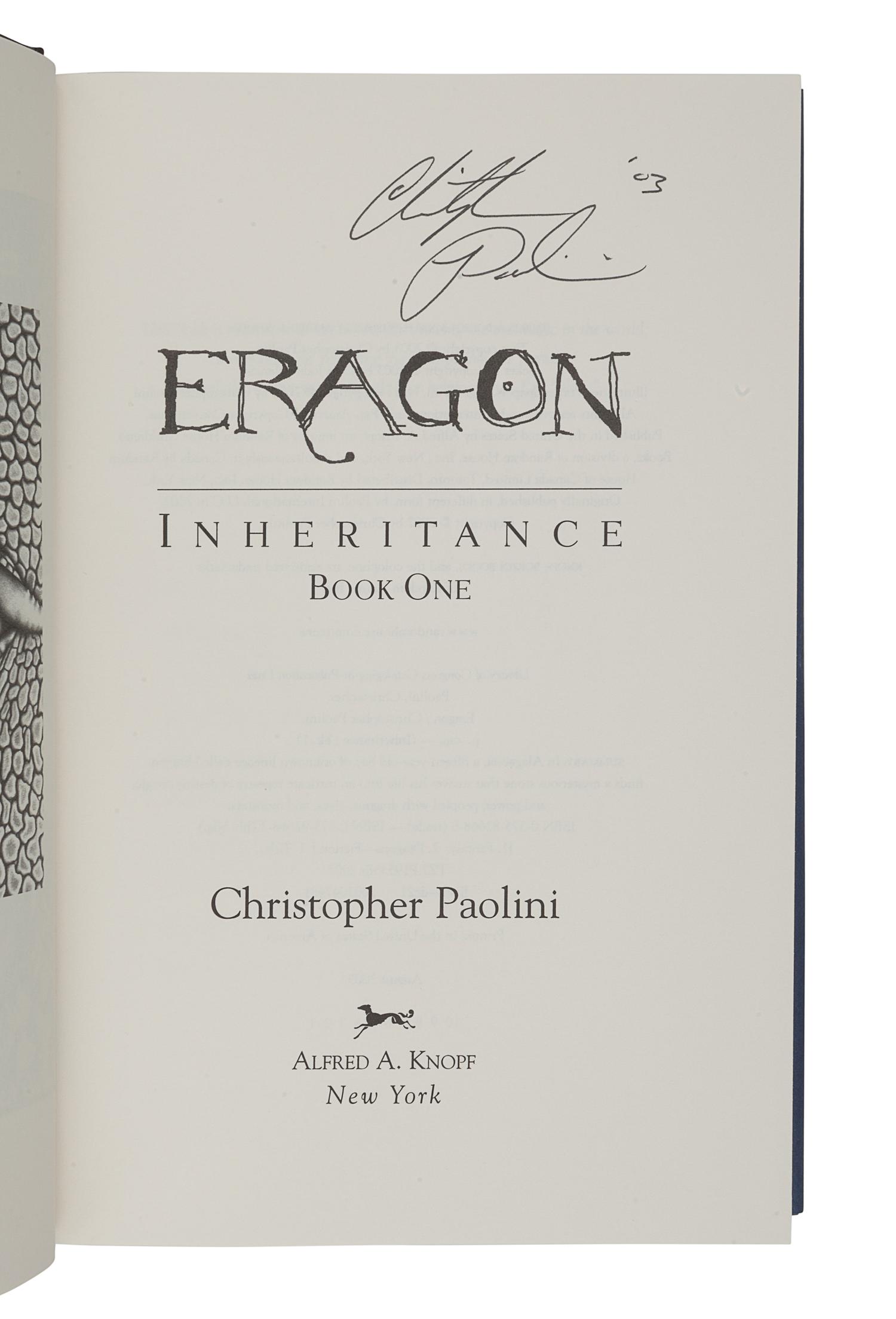PAOLINI, Christopher. Eragon. Inheritance. Book One . New York: Alfred A. Knopf, 2003.