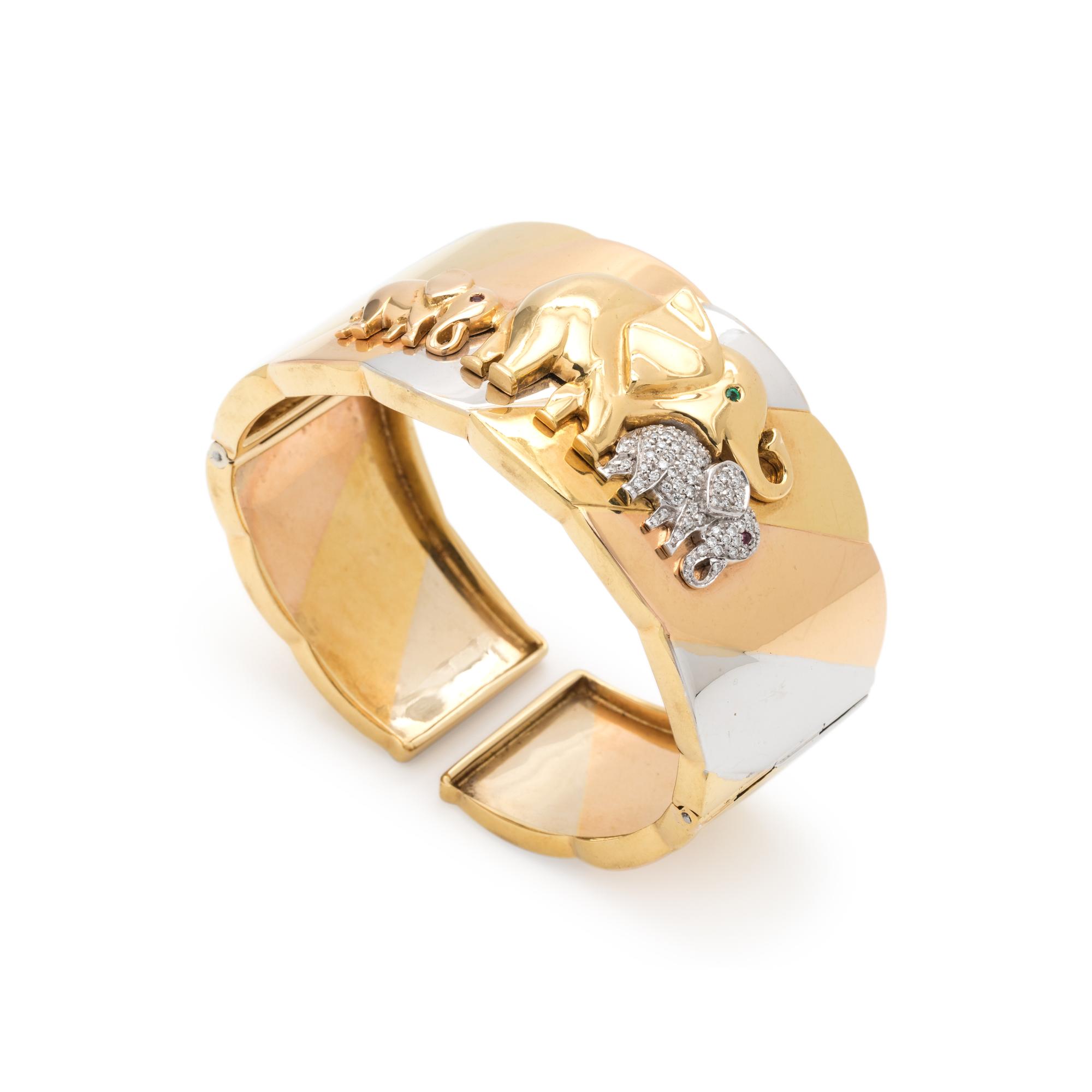 TRICOLOR GOLD AND DIAMOND ELEPHANT CUFF BRACELET