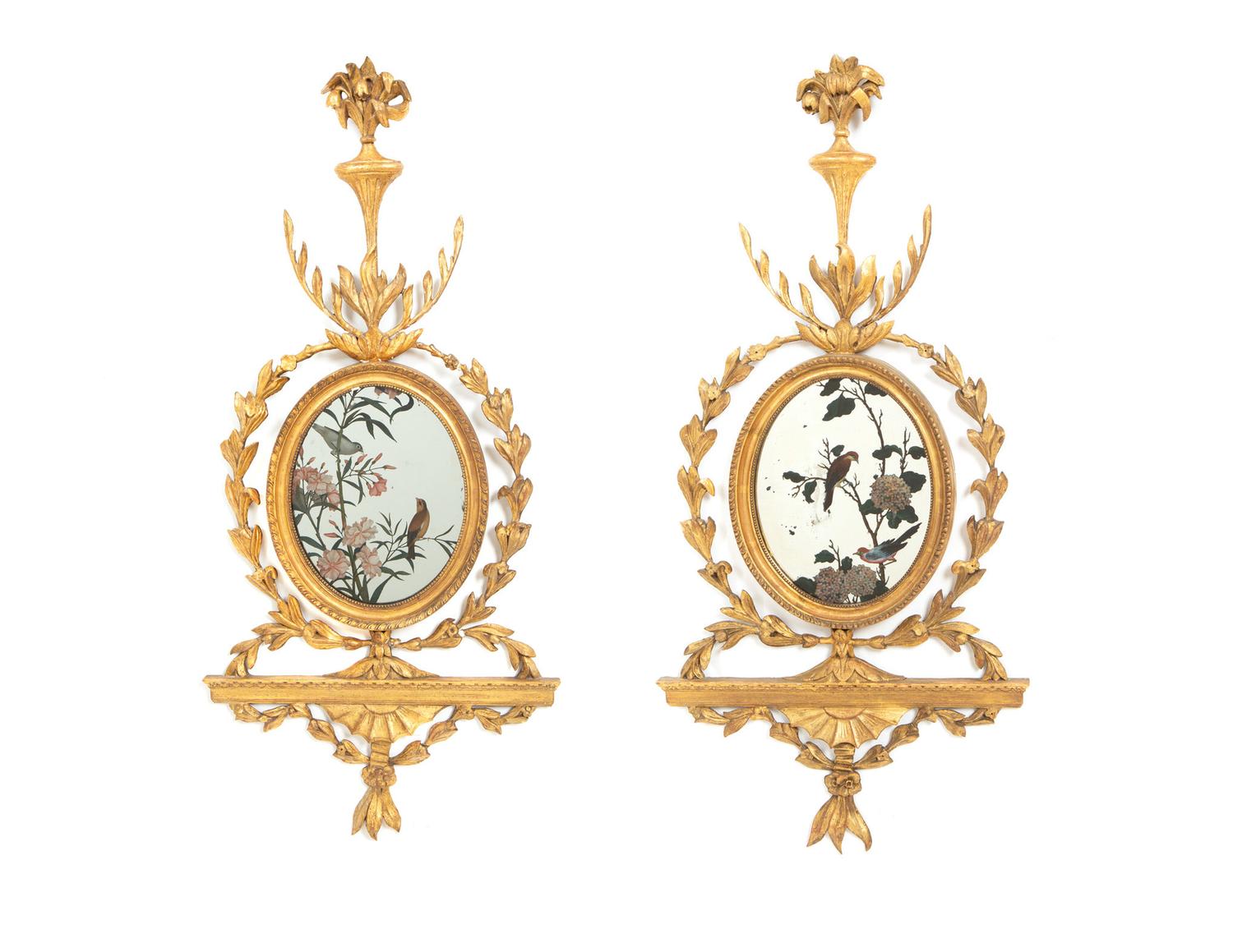 A Pair of George III Giltwood and Reverse-Painted Mirror Wall Appliques