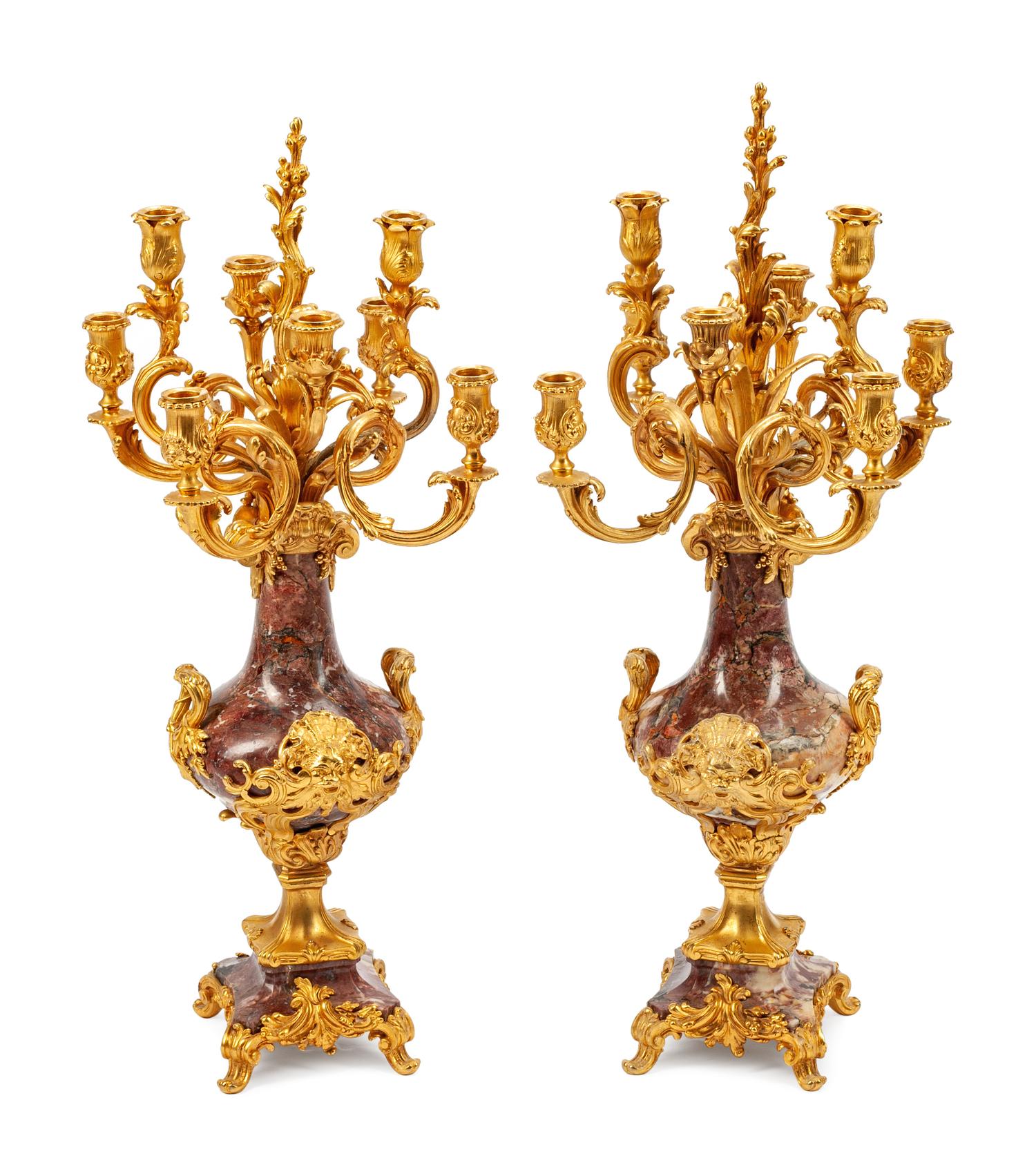 A Pair of Louis XVI Style Gilt-Bronze and Marble Seven-Light Candelabra