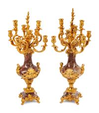 A Pair of Louis XVI Style Gilt-Bronze and Marble Seven-Light Candelabra