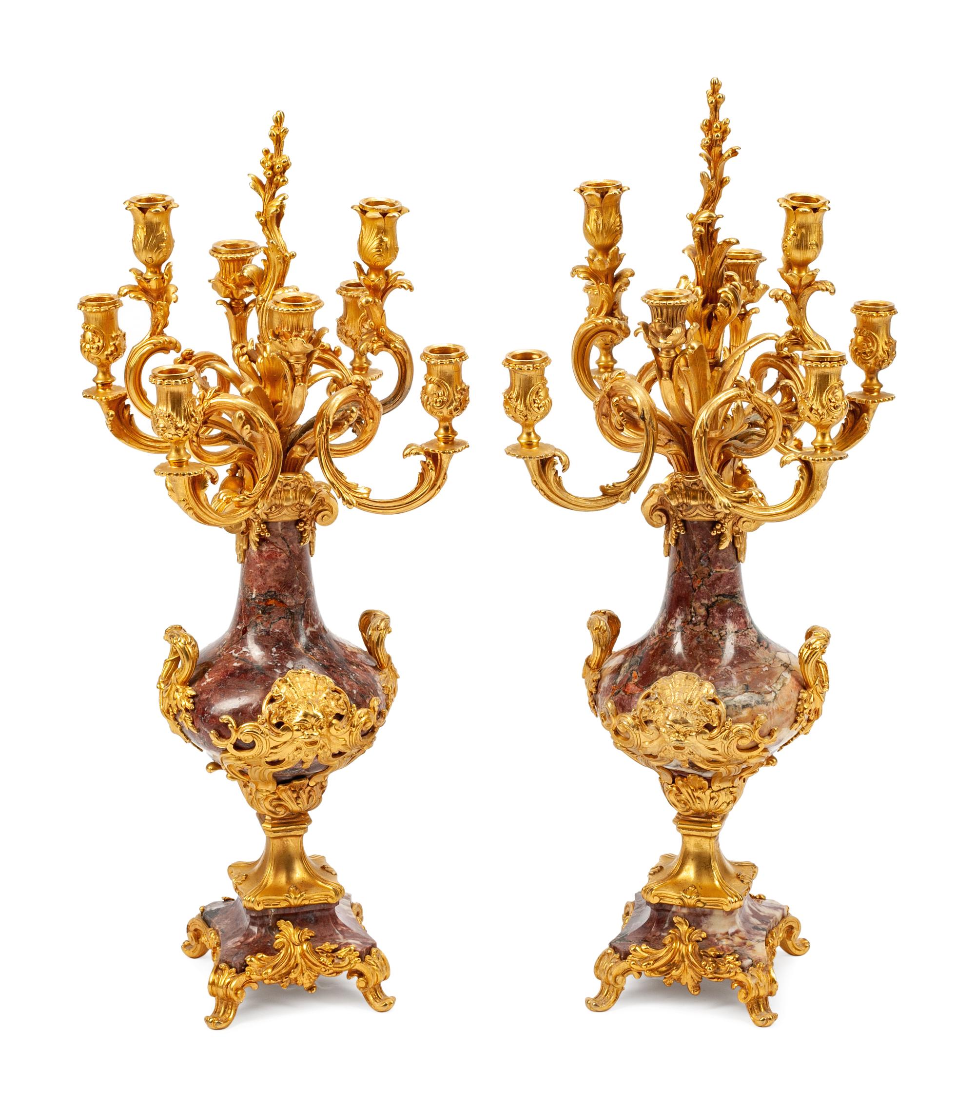 A Pair of Louis XVI Style Gilt-Bronze and Marble Seven-Light Candelabra