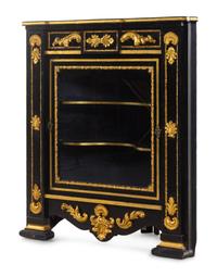 A Napoleon III Style Parcel Gilt and Ebonized Marble-Top Corner Cabinet