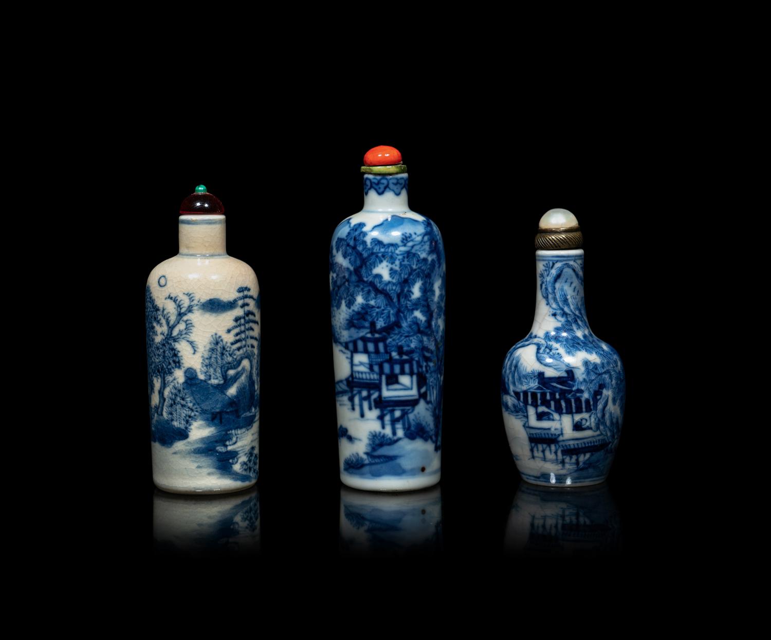 Three Chinese Blue and White Porcelain 'Fishing' Snuff Bottles
