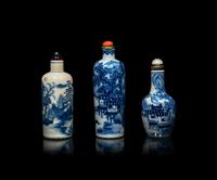 Three Chinese Blue and White Porcelain 'Fishing' Snuff Bottles
