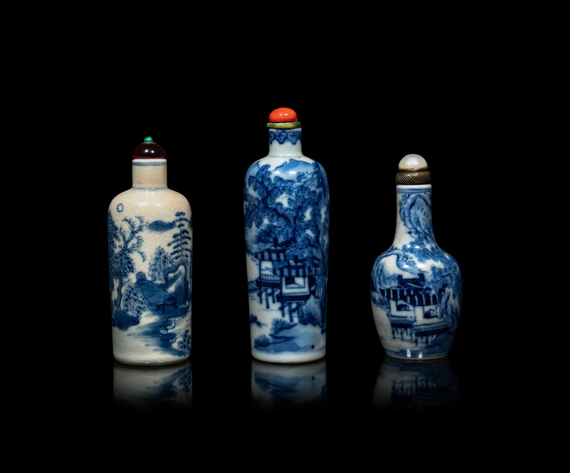Three Chinese Blue and White Porcelain 'Fishing' Snuff Bottles