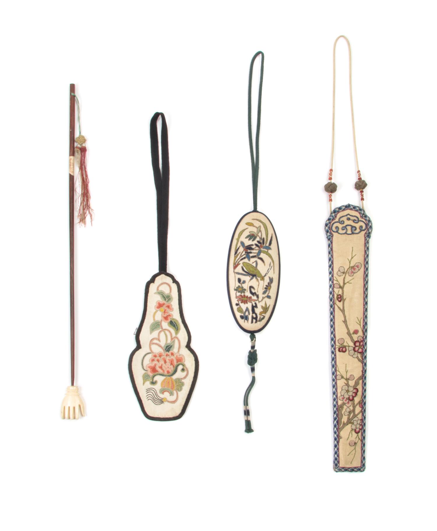 Two Chinese Embroidered Pouches Height of tallest 15 7/8 inches.
