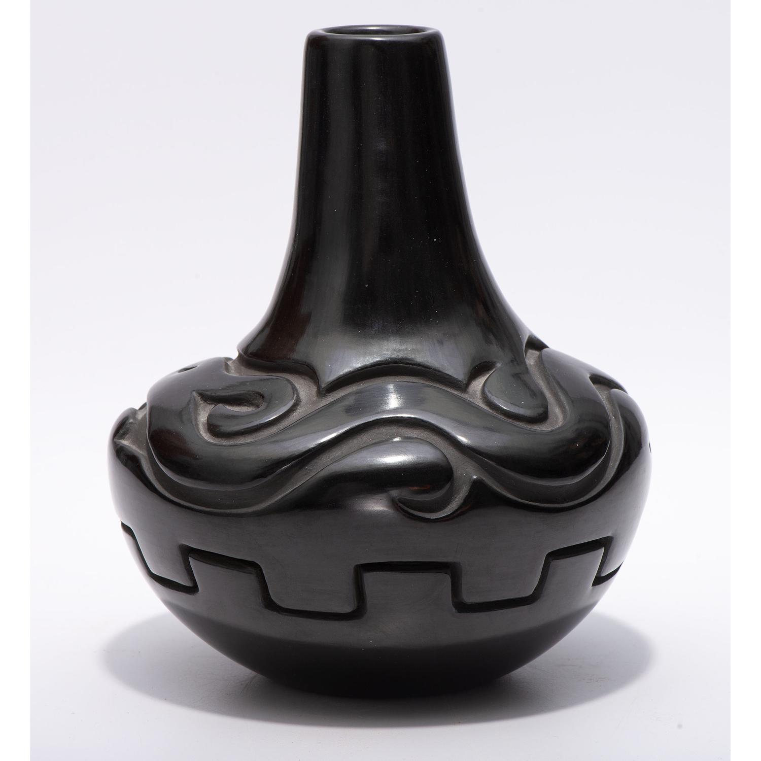 Deeply Carved Blackware Vase, with Avanyu AND Carved Blackware Jar