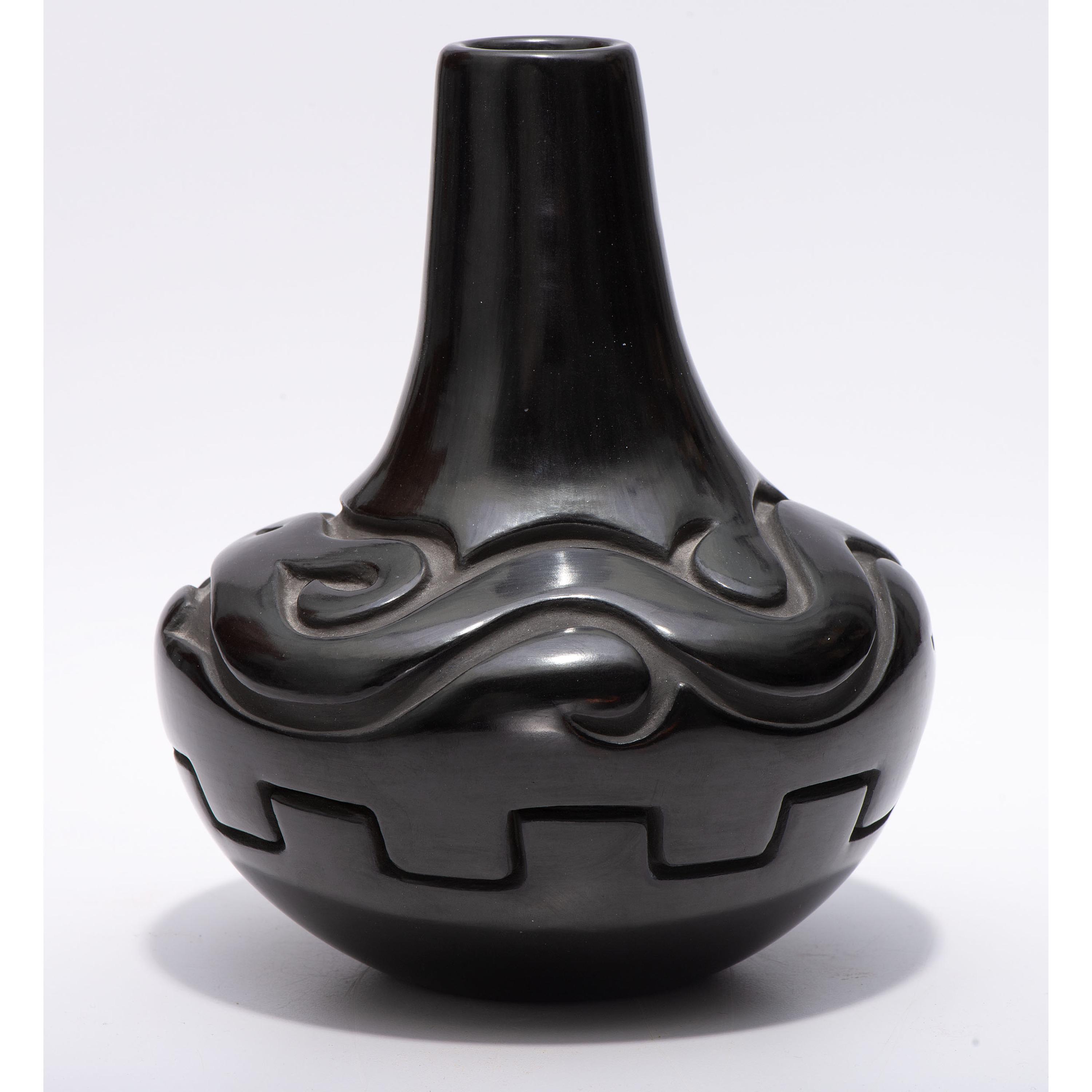 Deeply Carved Blackware Vase, with Avanyu AND Carved Blackware Jar