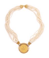YELLOW GOLD, COIN, DIAMOND AND SEED PEARL NECKLACE