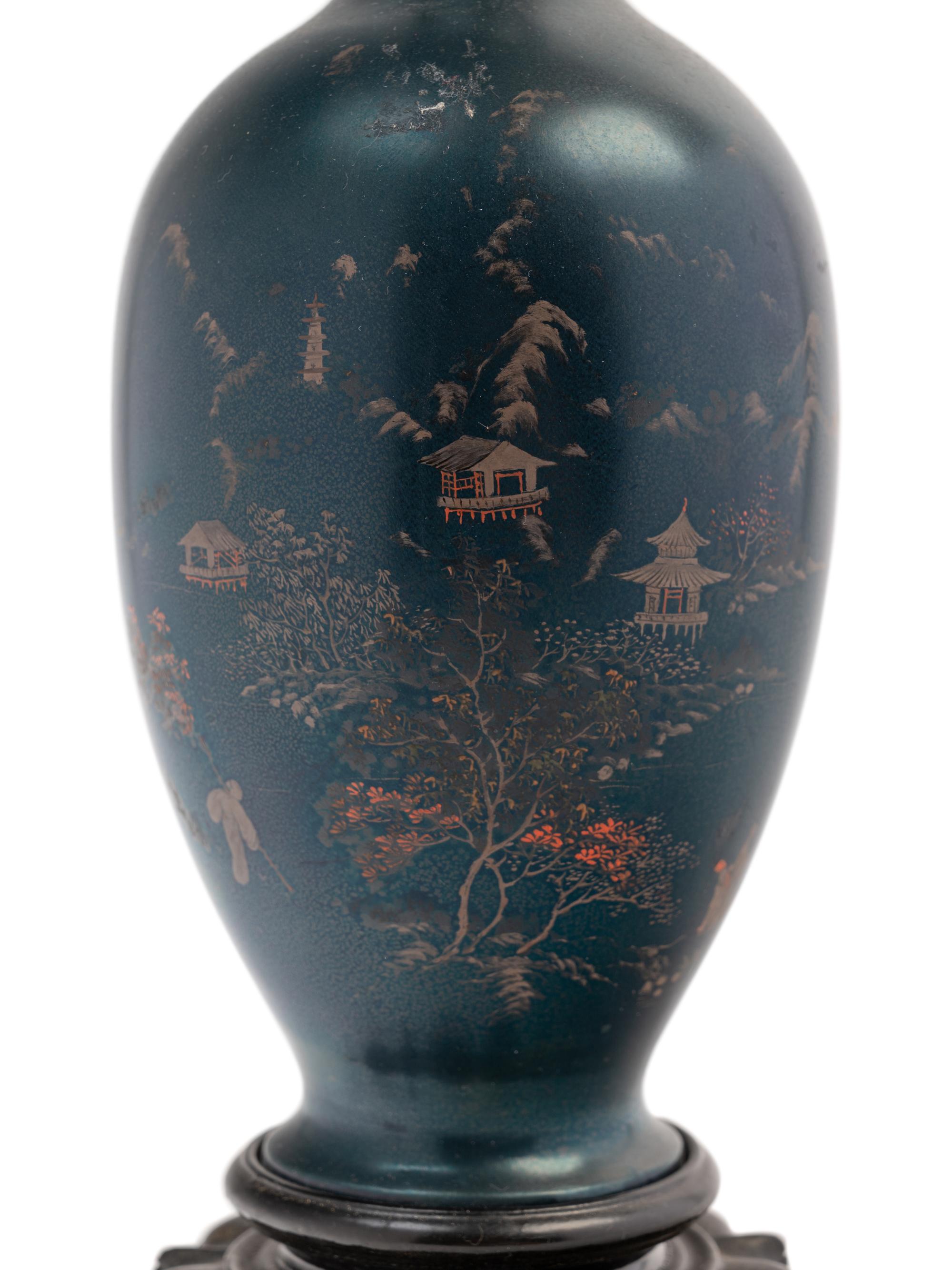 A Pair of Chinese Lacquer Vases and A Pair of Chinese Cloisonné Enamel Vases