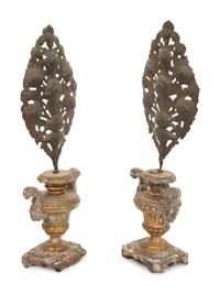 A Pair of Italian Carved Giltwood Urns Inset with Tole Floral Sprays